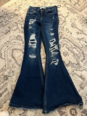 Ripped Dark Blue Flare Jeans - Women's